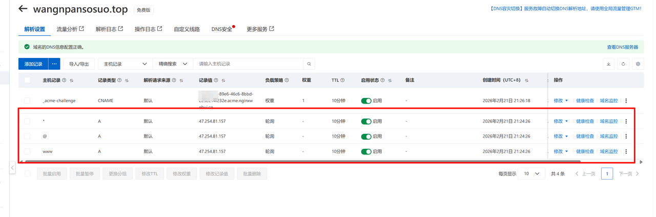 阿里云 DNS 解析记录配置结果